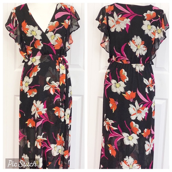 NWT Japna Black Floral Flutter Sleeve Faux Wrap Midi Dress Medium - Picture 1 of 16